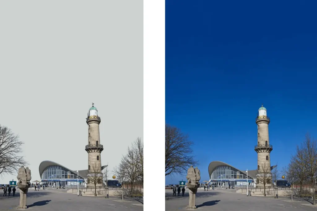 Before and after image masking applied to model hair with fine edge detailing