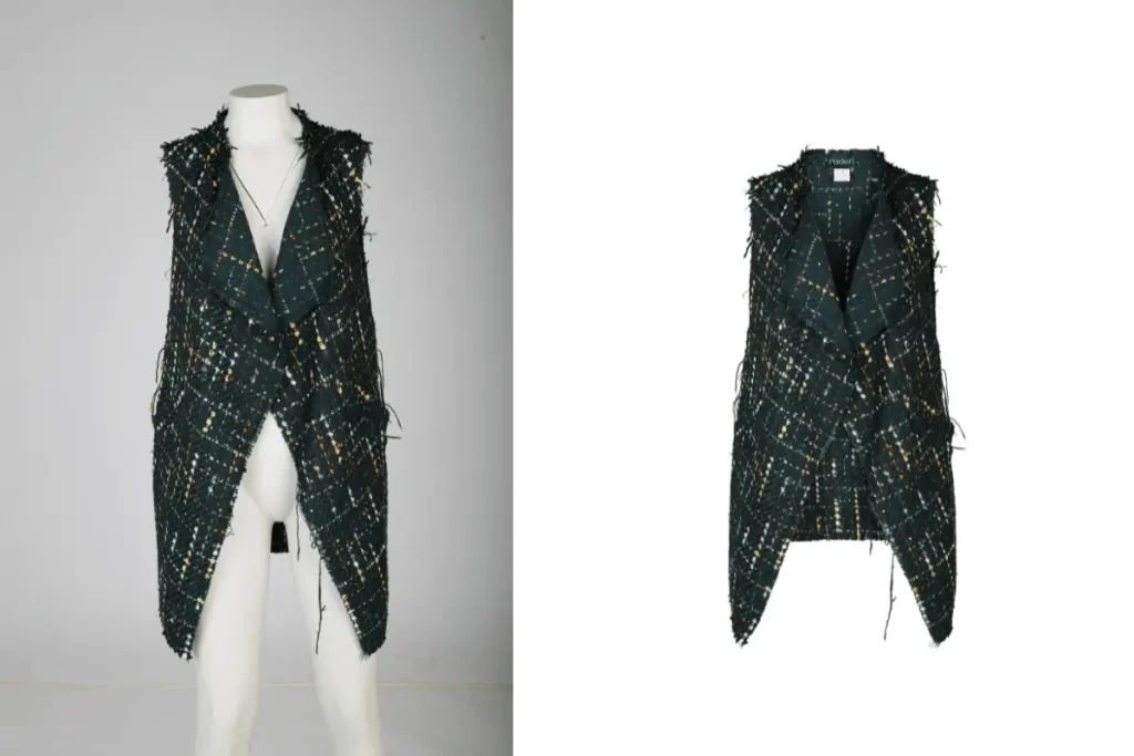 Before and after invisible mannequin editing of a shirt showing hollow neck and natural garment shape