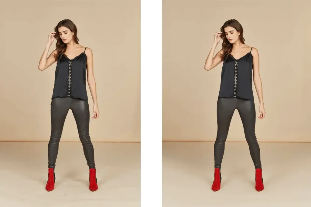 Before and after professional model skin retouching with natural texture preservation