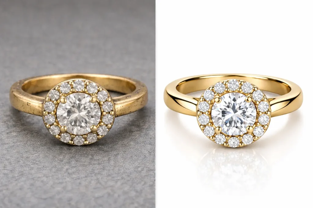 Before and after jewelry retouching showing enhanced shine, clarity, and detail