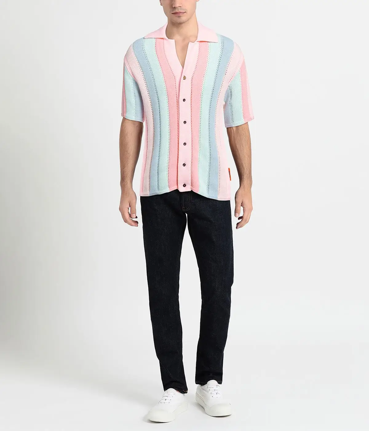 Creative photo manipulation service showing a male model in a striped knitted polo shirt