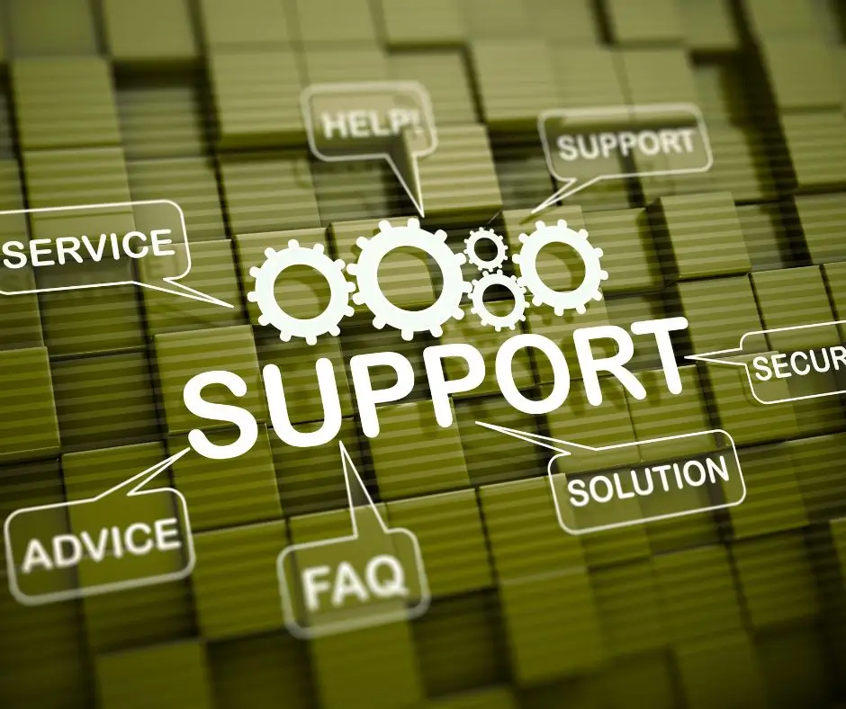 Customer support and service concept image featuring gear icons and professional help keywords
